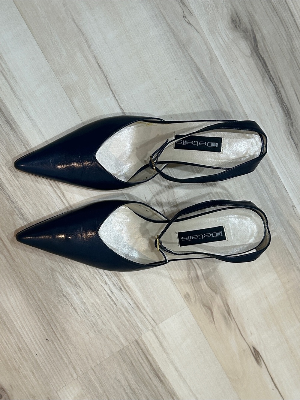 Details Navy Blue Pointed Slingback Pumps with Gold Buckle